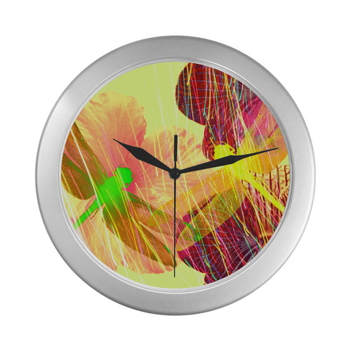 Dragonflies & Flowers Summer Silver Color Wall Clock