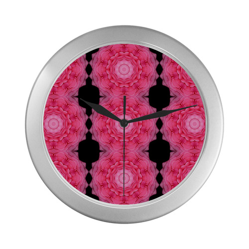 Pink Roses Mandala Kaleidoscopes Silver Color Wall Clock