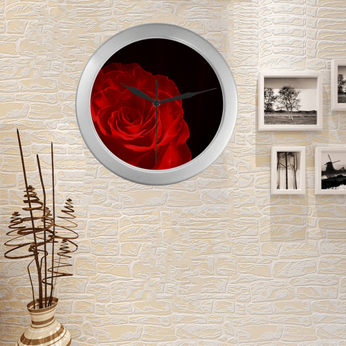 A Rose Red Silver Color Wall Clock