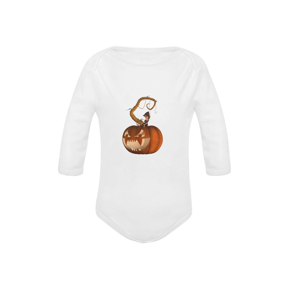 Pumpkin with witch Baby Powder Organic Long Sleeve One Piece (Model T27)