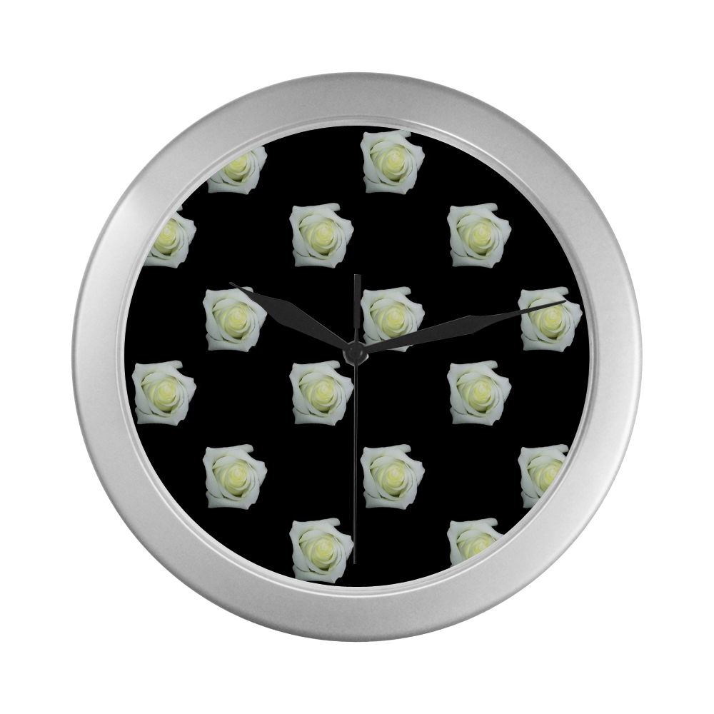 White Roses on a Black Background Silver Color Wall Clock