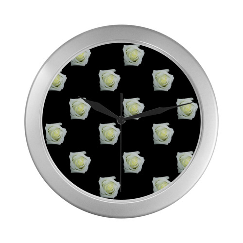 White Roses on a Black Background Silver Color Wall Clock