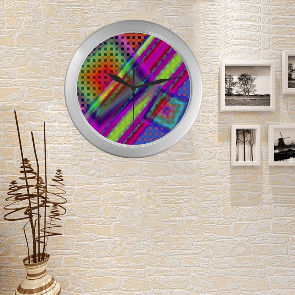 Plaid Design 3D Colours Silver Color Wall Clock
