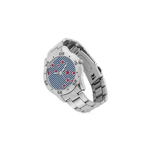 Blue, Red and White Stars and Stripes Men's Stainless Steel Analog Watch(Model 108)
