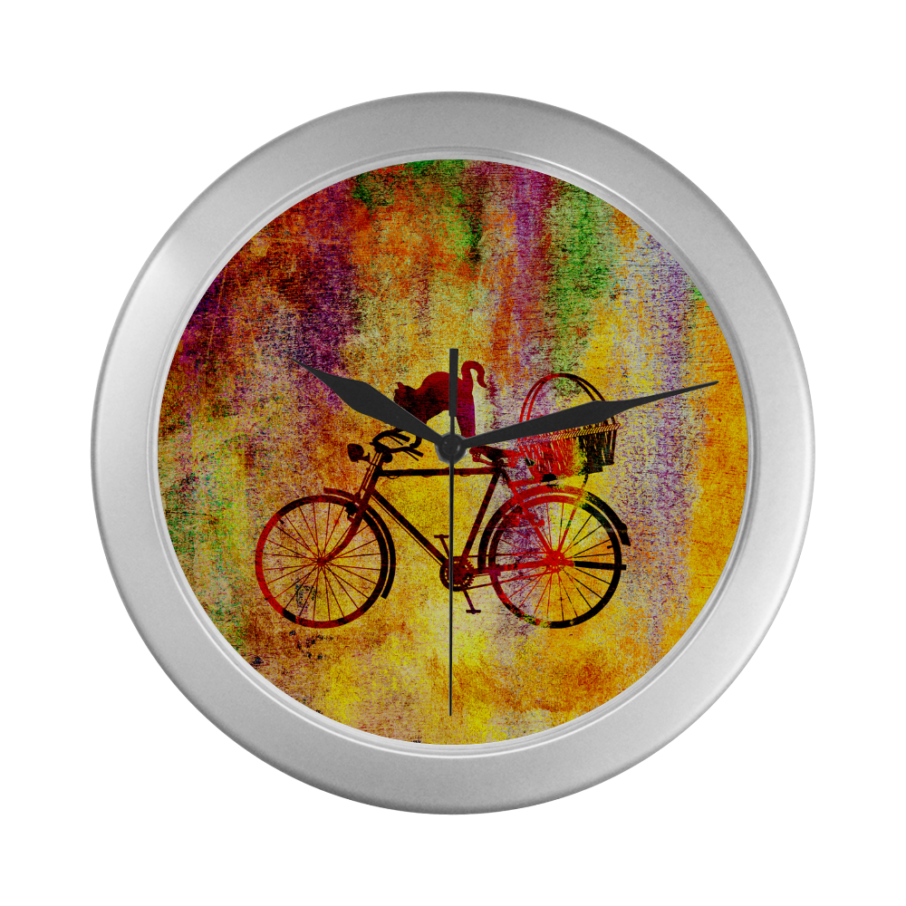 Cat and Bicycle Silver Color Wall Clock