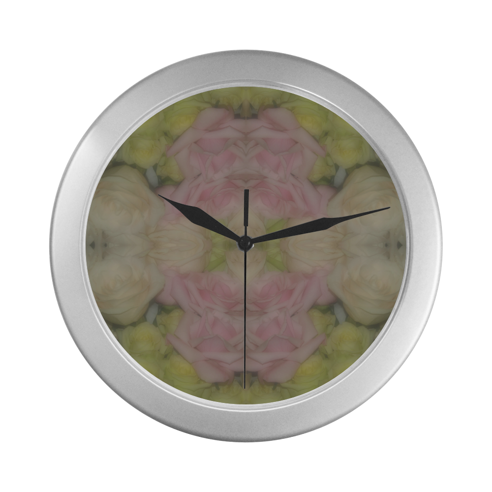 Soft Bouquet of Cream Yellow and Pink Roses Silver Color Wall Clock