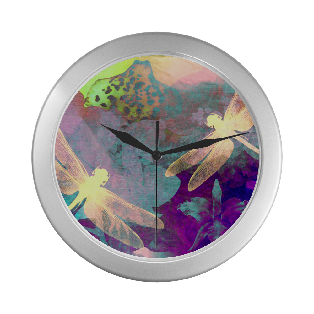 Dragonflies and Orchids Silver Color Wall Clock