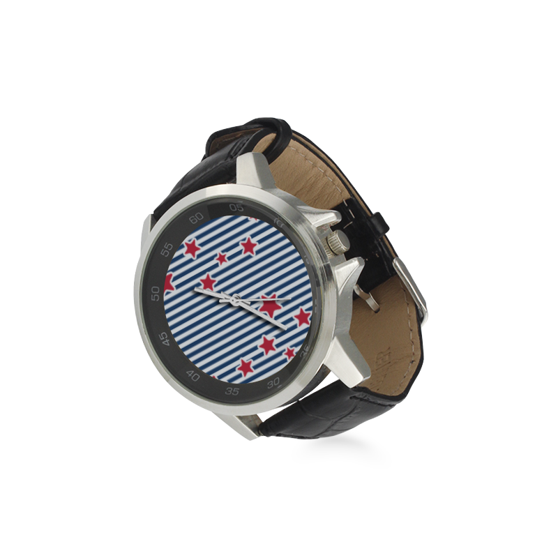 Blue, Red and White Stars and Stripes Unisex Stainless Steel Leather Strap Watch(Model 202)