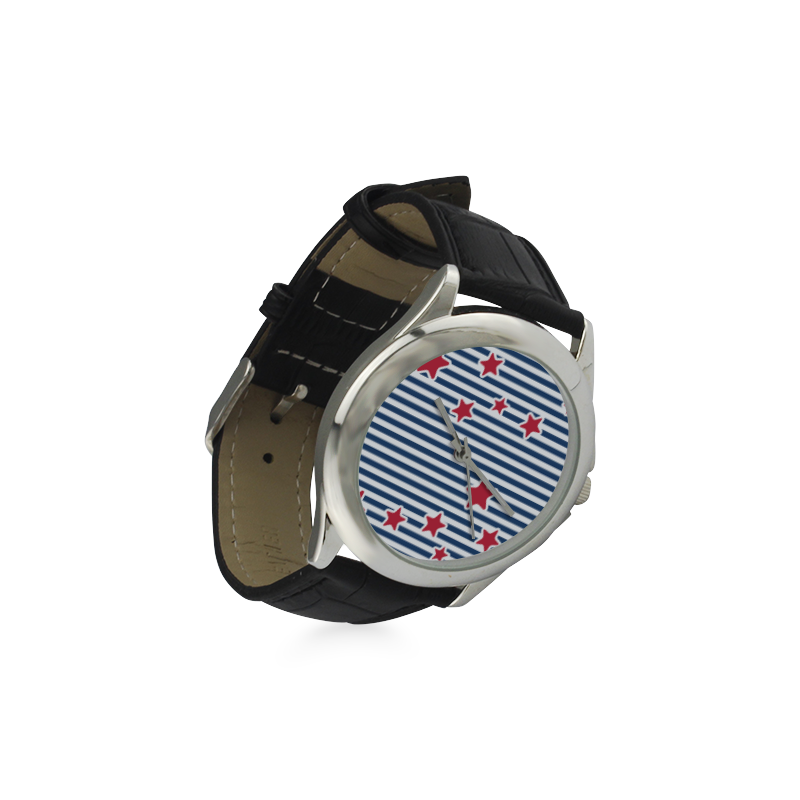 Blue, Red and White Stars and Stripes Women's Classic Leather Strap Watch(Model 203)
