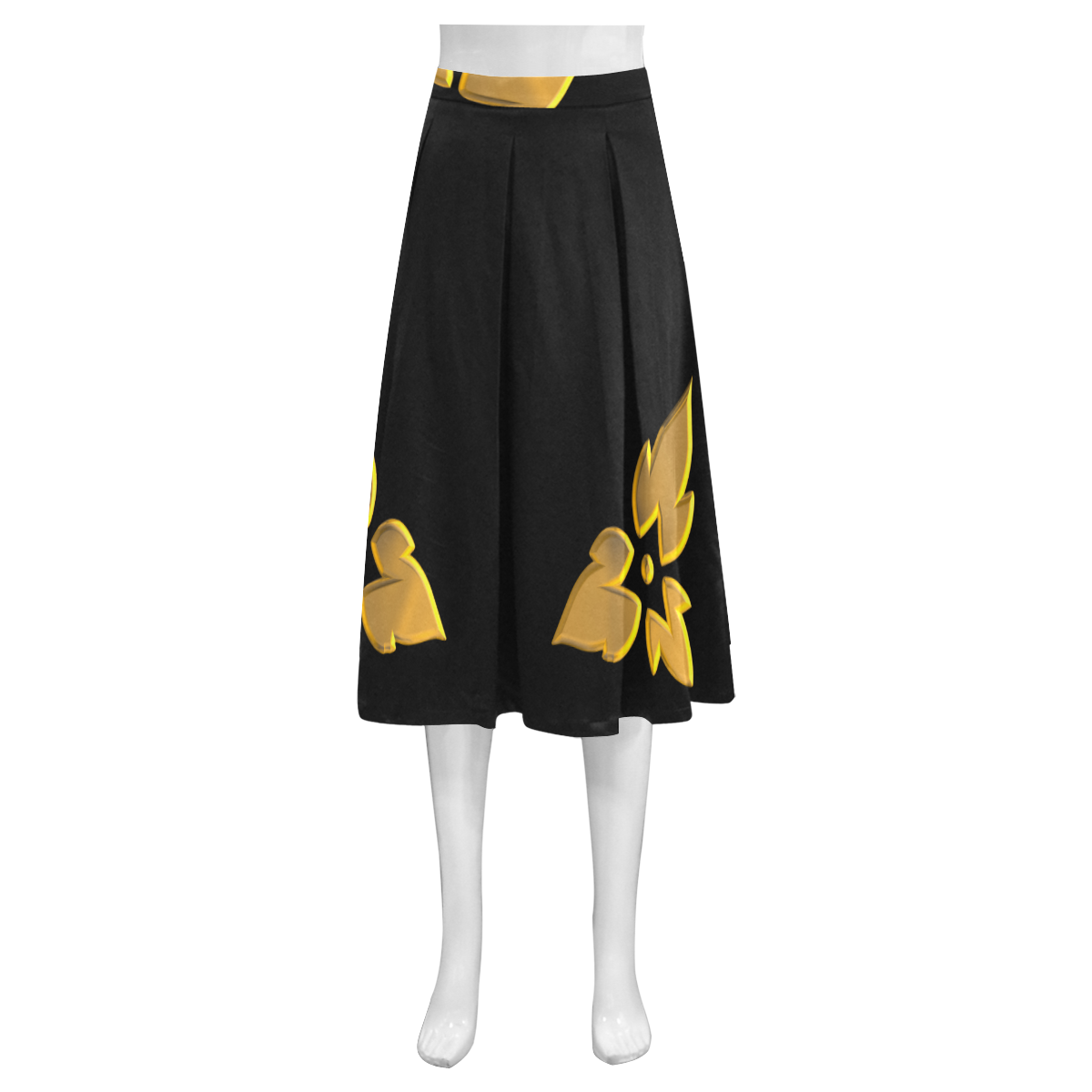 3-D Look Metallic Golden Leaves Border on Black Mnemosyne Women's Crepe Skirt (Model D16)