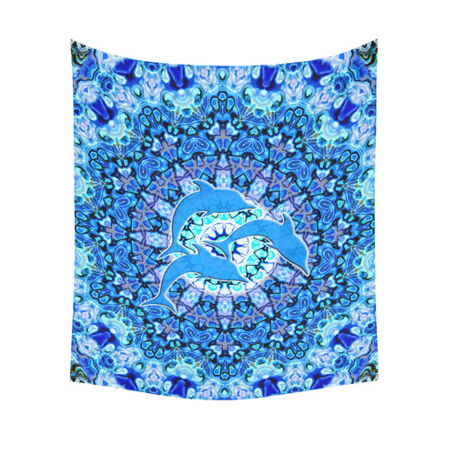 Mandala Magic Blue JUMPING DOLPHINS Cotton Linen Wall Tapestry 51"x 60"
