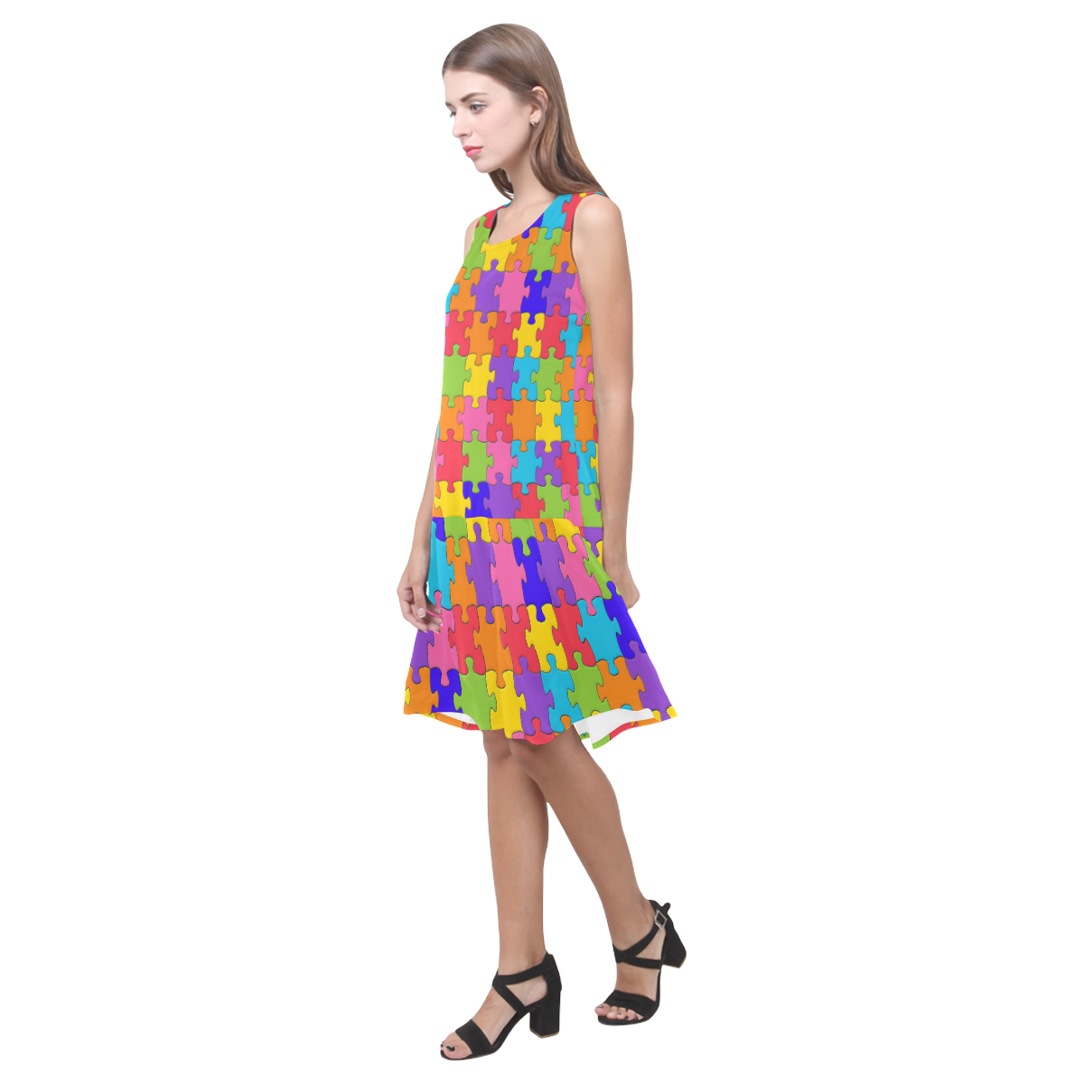 Multicolored Jigsaw Puzzle Sleeveless Splicing Shift Dress(Model D17)