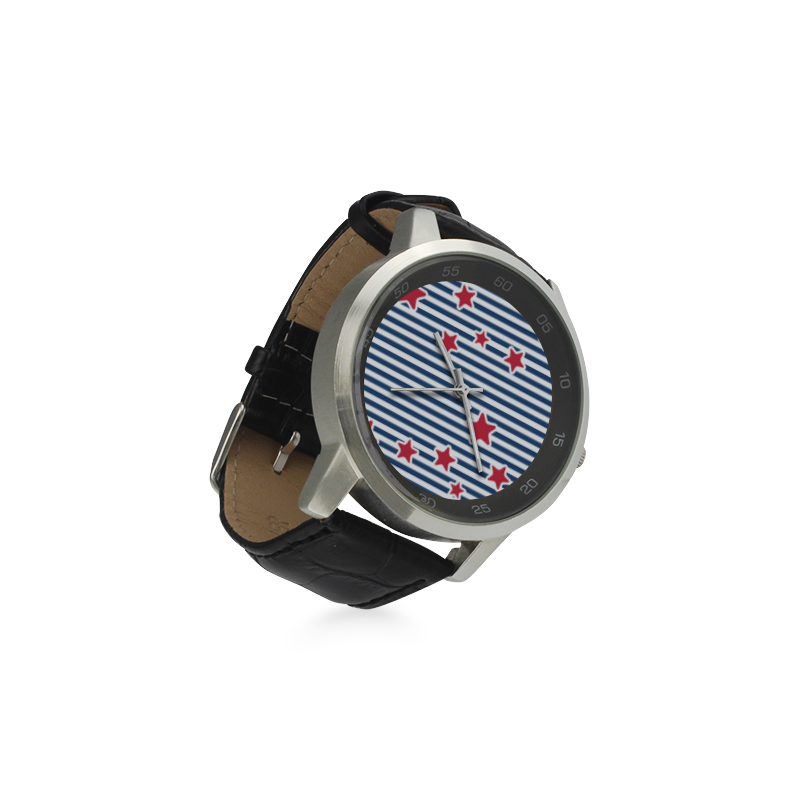 Blue, Red and White Stars and Stripes Unisex Stainless Steel Leather Strap Watch(Model 202)