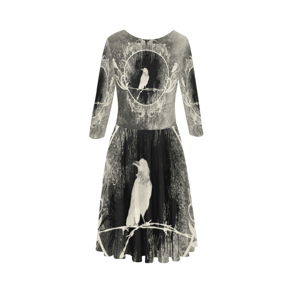 The crow with flowers, vintage design Elbow Sleeve Ice Skater Dress (D20)