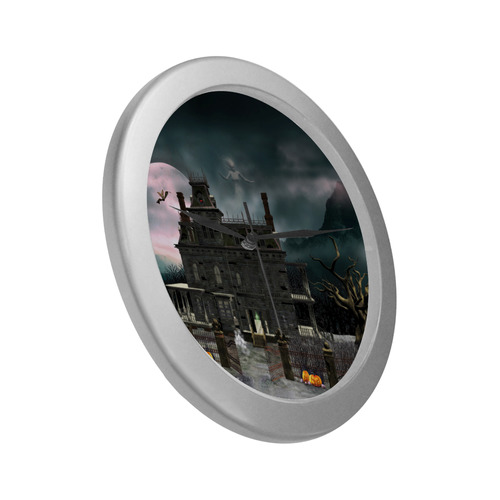 A creepy darkness halloween haunted house Silver Color Wall Clock