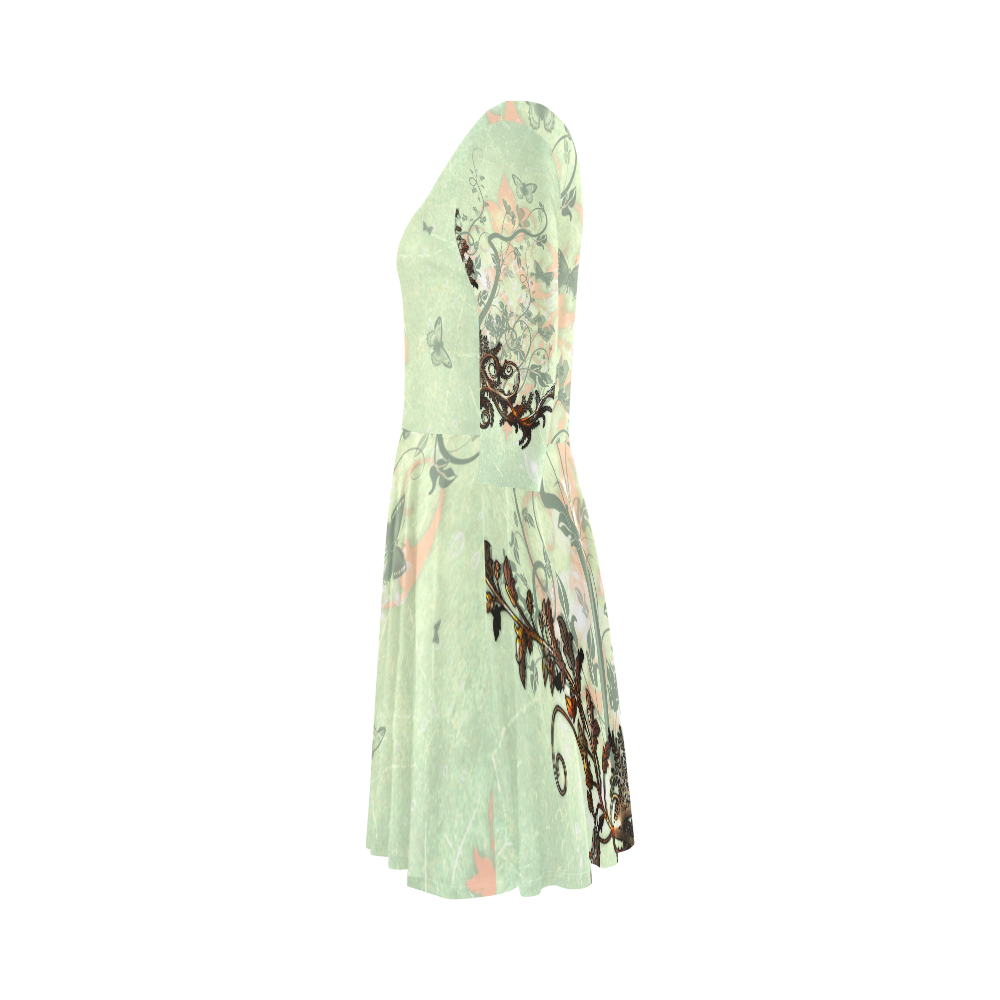 Flower power on soft green background Elbow Sleeve Ice Skater Dress (D20)
