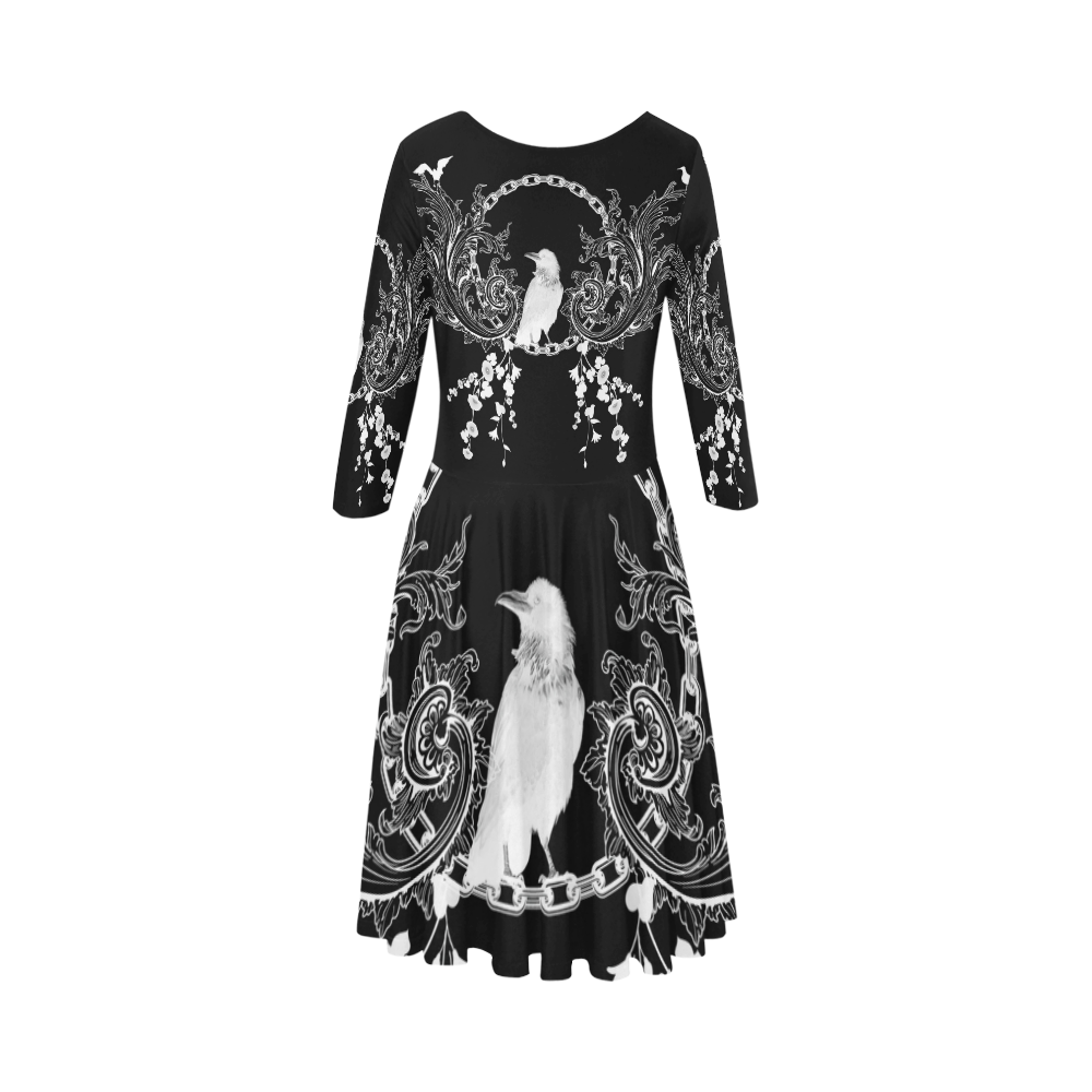 White crow with flowers Elbow Sleeve Ice Skater Dress (D20)
