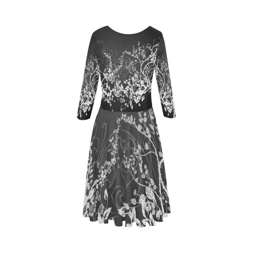 Flowers in black and white Elbow Sleeve Ice Skater Dress (D20)