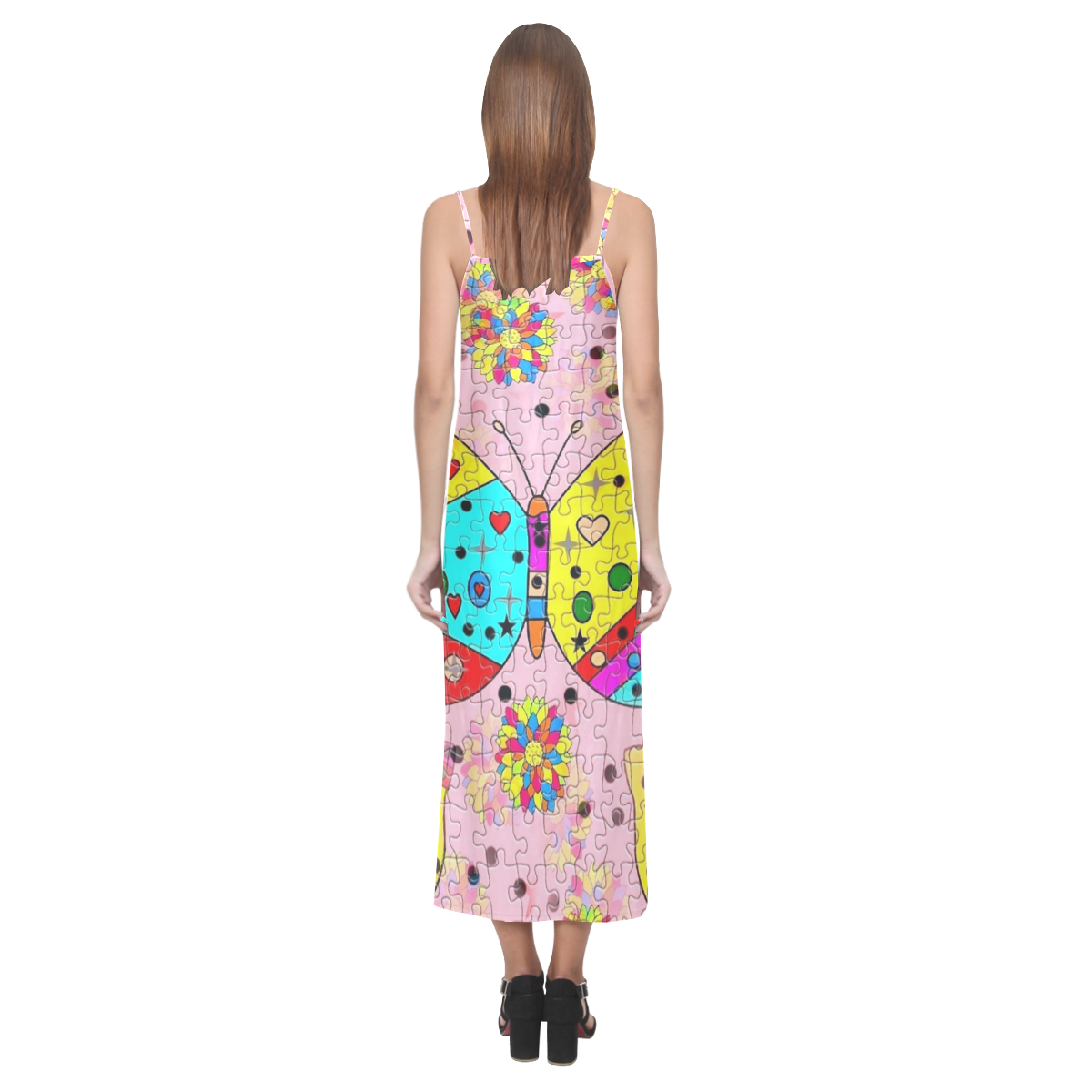 Butterfly Pop by Popart Lover V-Neck Open Fork Long Dress(Model D18)