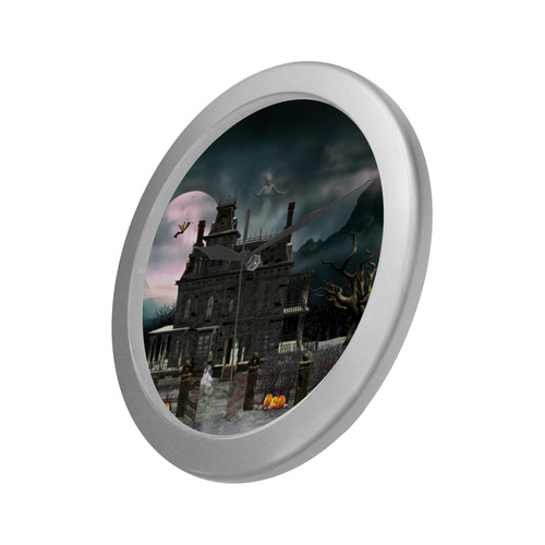 A creepy darkness halloween haunted house Silver Color Wall Clock