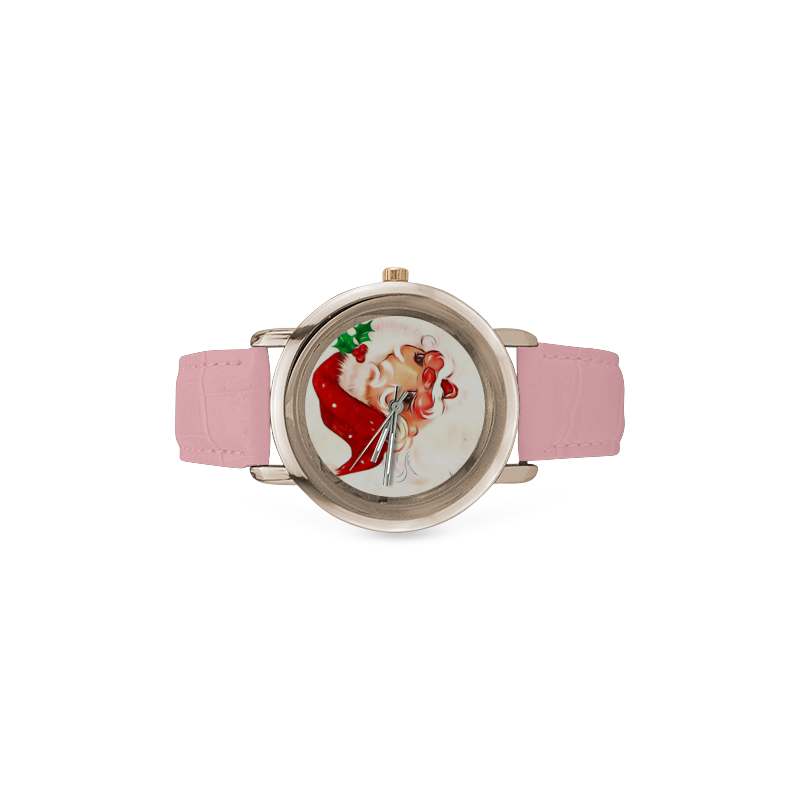 A cute vintage Santa Claus with a mistletoe Women's Rose Gold Leather Strap Watch(Model 201)