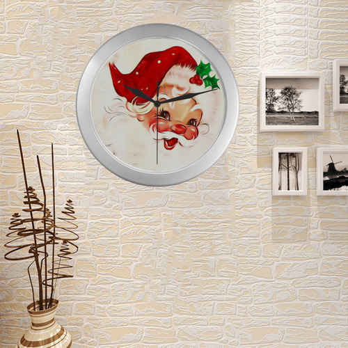 A cute vintage Santa Claus with a mistletoe Silver Color Wall Clock
