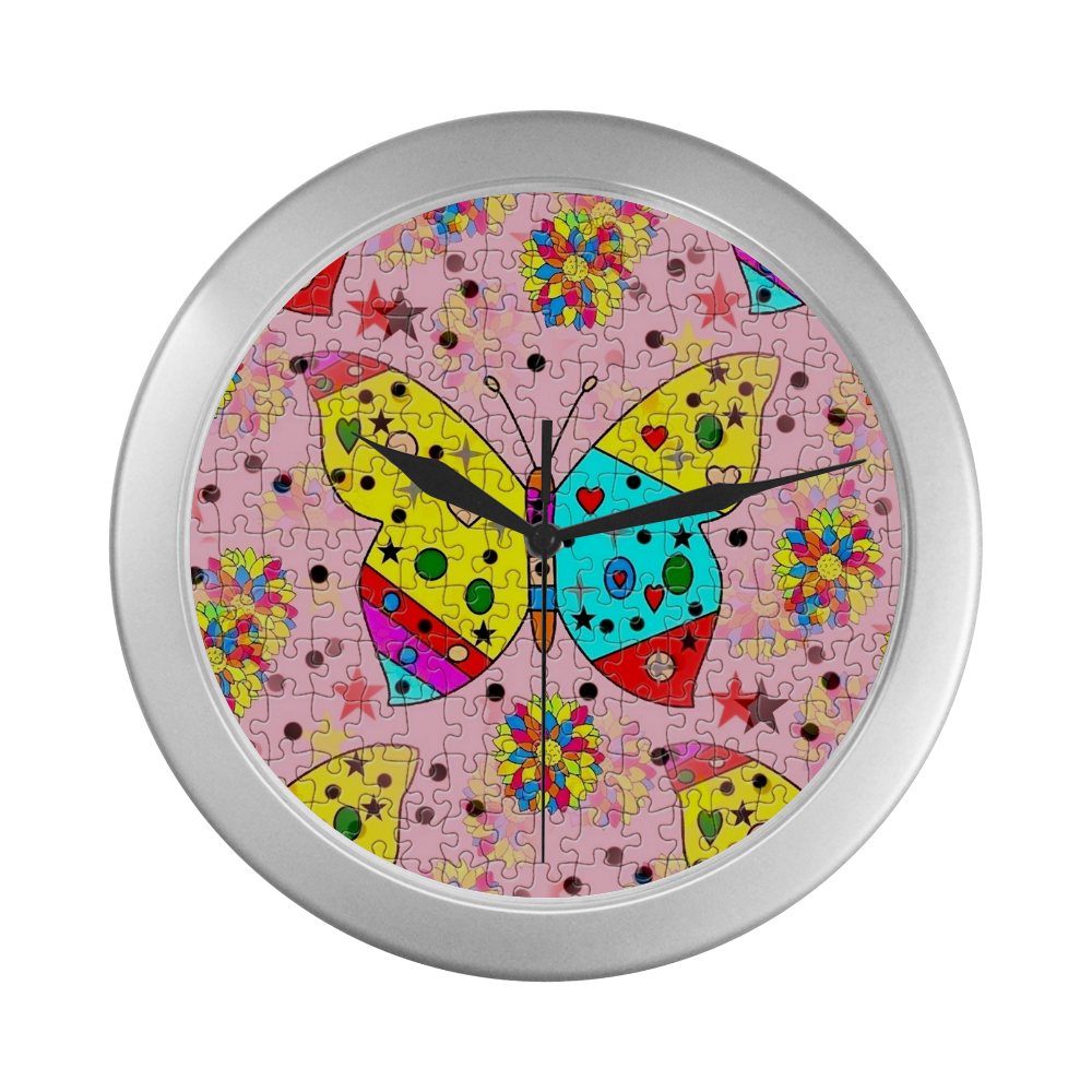 Butterfly Pop by Popart Lover Silver Color Wall Clock