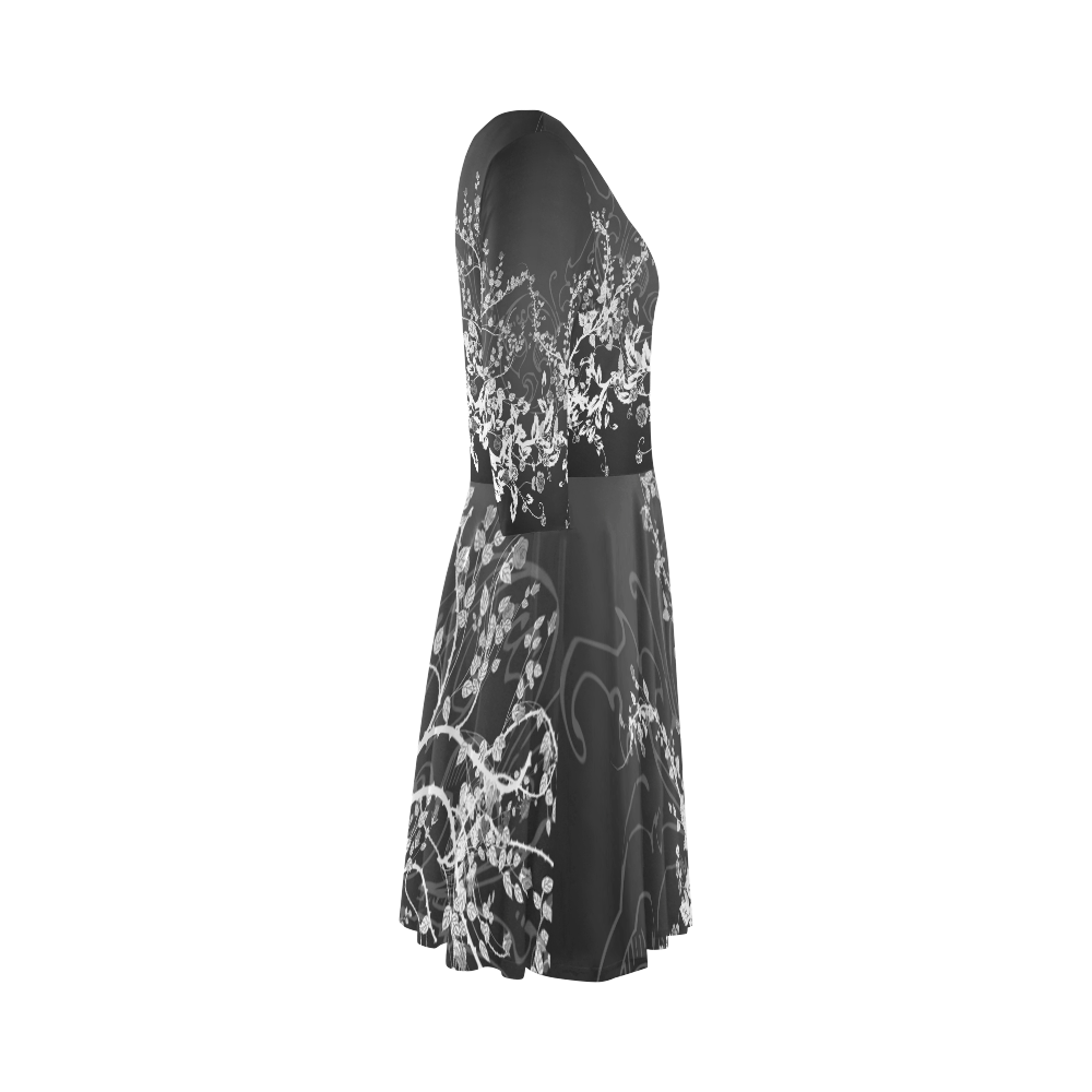 Flowers in black and white Elbow Sleeve Ice Skater Dress (D20)