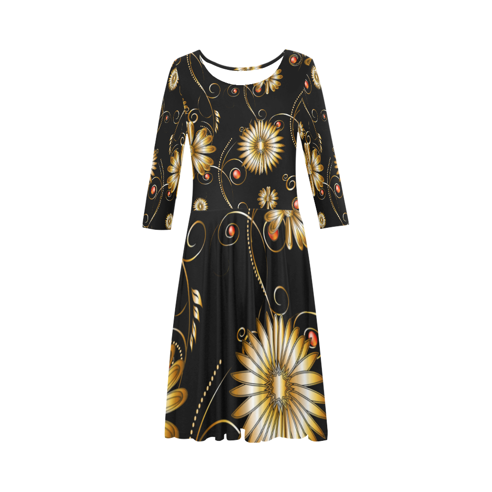 Flowers in golden colors Elbow Sleeve Ice Skater Dress (D20)