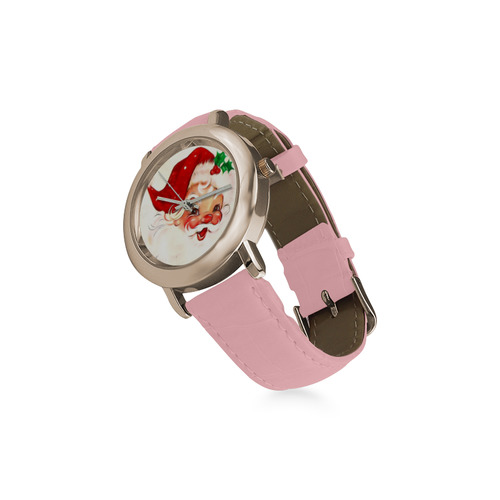 A cute vintage Santa Claus with a mistletoe Women's Rose Gold Leather Strap Watch(Model 201)