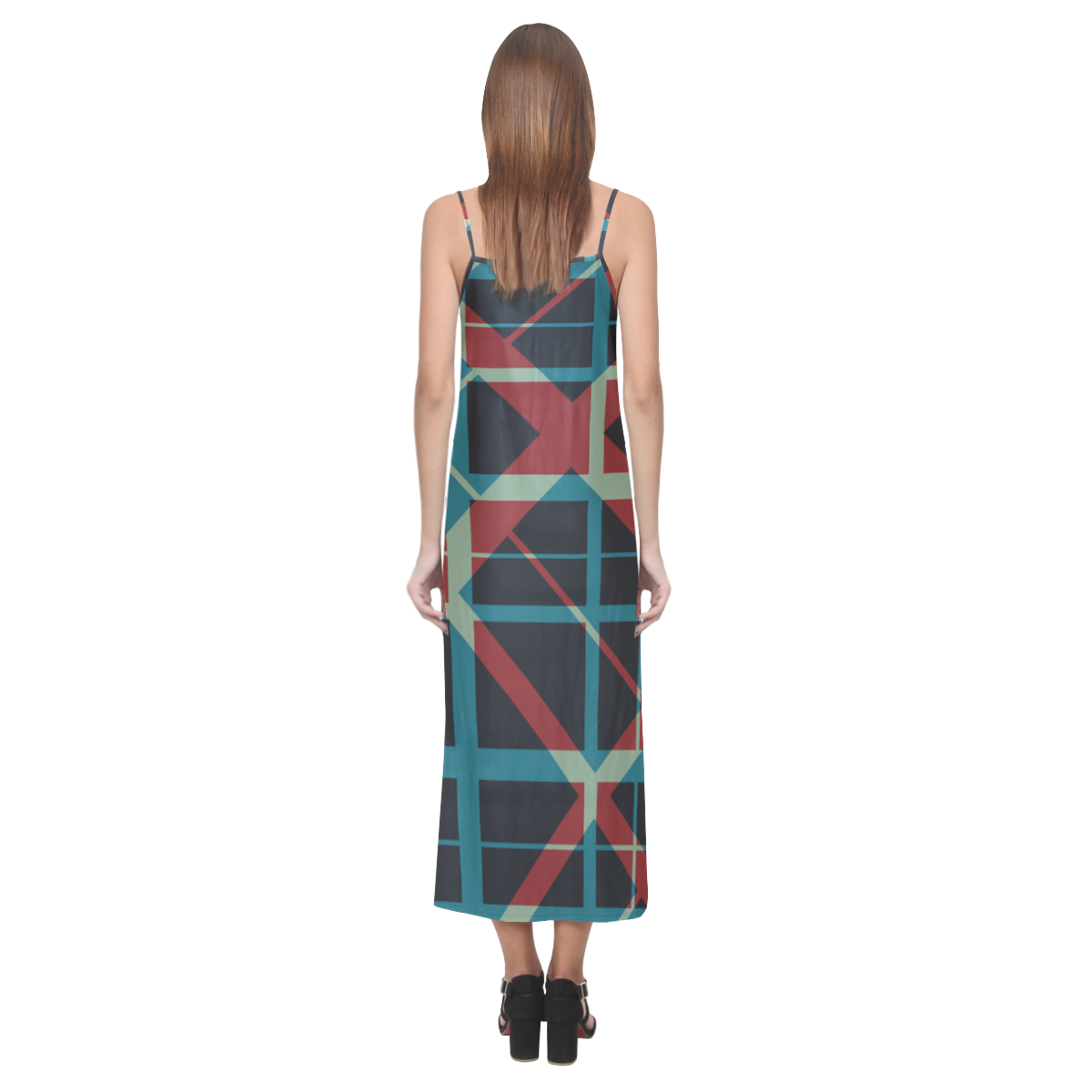 Plaid Style pattern evening V-Neck Open Fork Long Dress(Model D18)