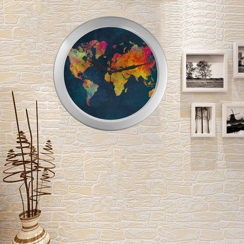 world map 16 Silver Color Wall Clock