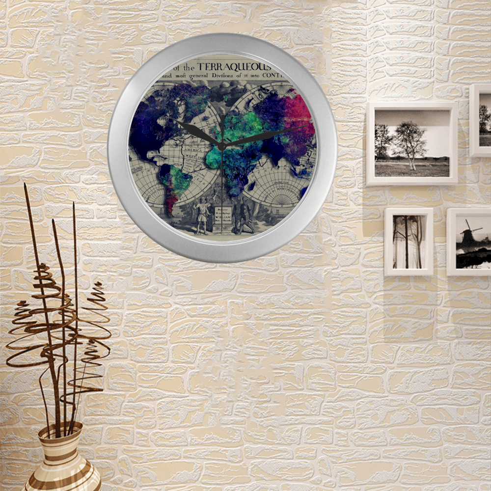 world map 22 Silver Color Wall Clock