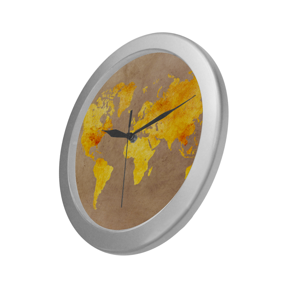 world map 23 Silver Color Wall Clock