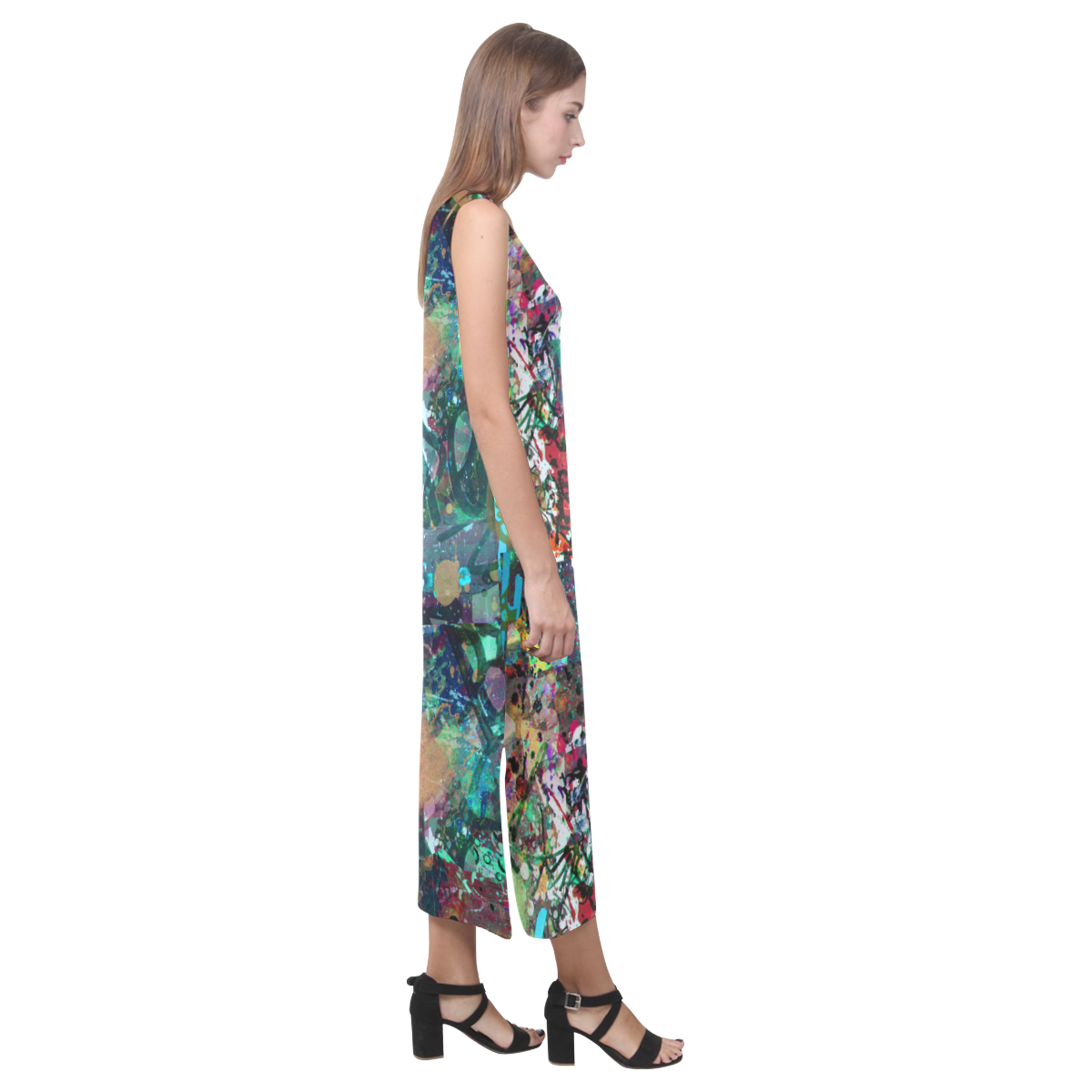 Graffiti Wall and Paint Splatter Phaedra Sleeveless Open Fork Long Dress (Model D08)