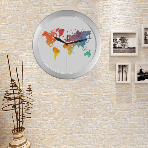 world map 15 Silver Color Wall Clock
