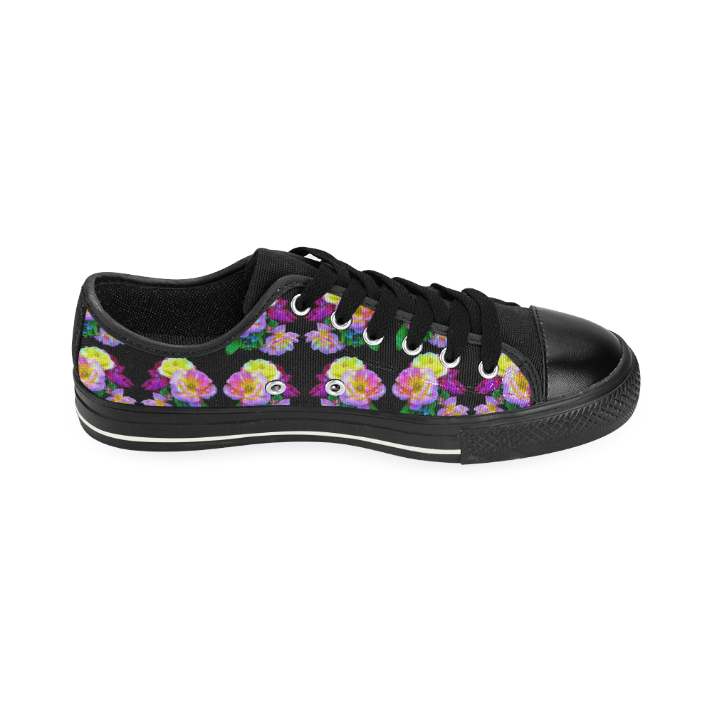Rosa Yellow Roses on Black Pattern Canvas Women's Shoes/Large Size (Model 018)
