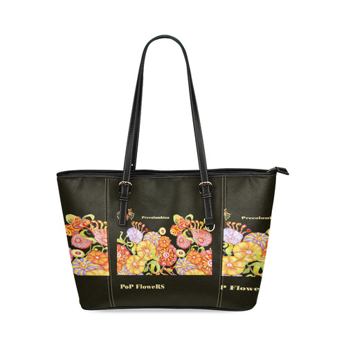 pop flowers Leather Tote Bag/Small (Model 1640)