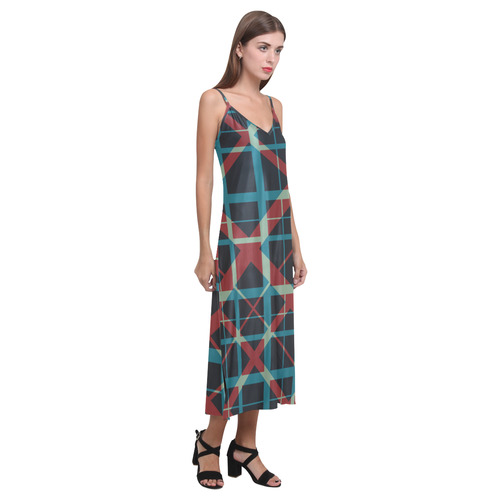 Plaid Style pattern evening V-Neck Open Fork Long Dress(Model D18)