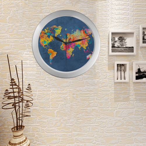 world map 18 Silver Color Wall Clock