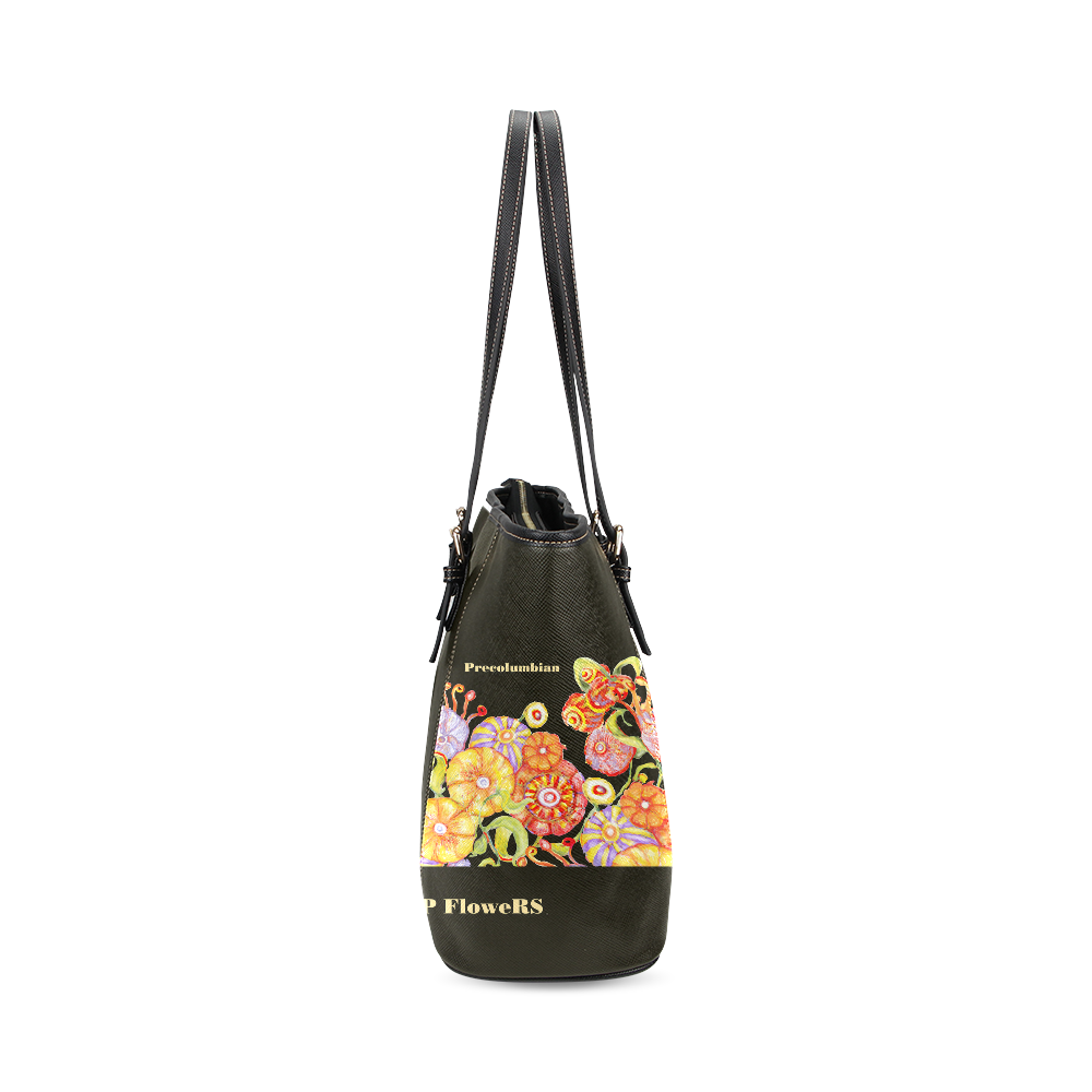 pop flowers Leather Tote Bag/Small (Model 1640)