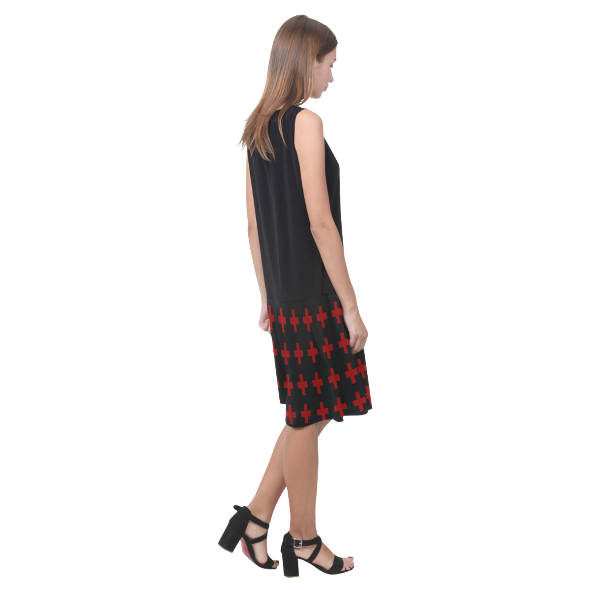 Crosses Black red pattern Punk Rock Sleeveless Splicing Shift Dress(Model D17)