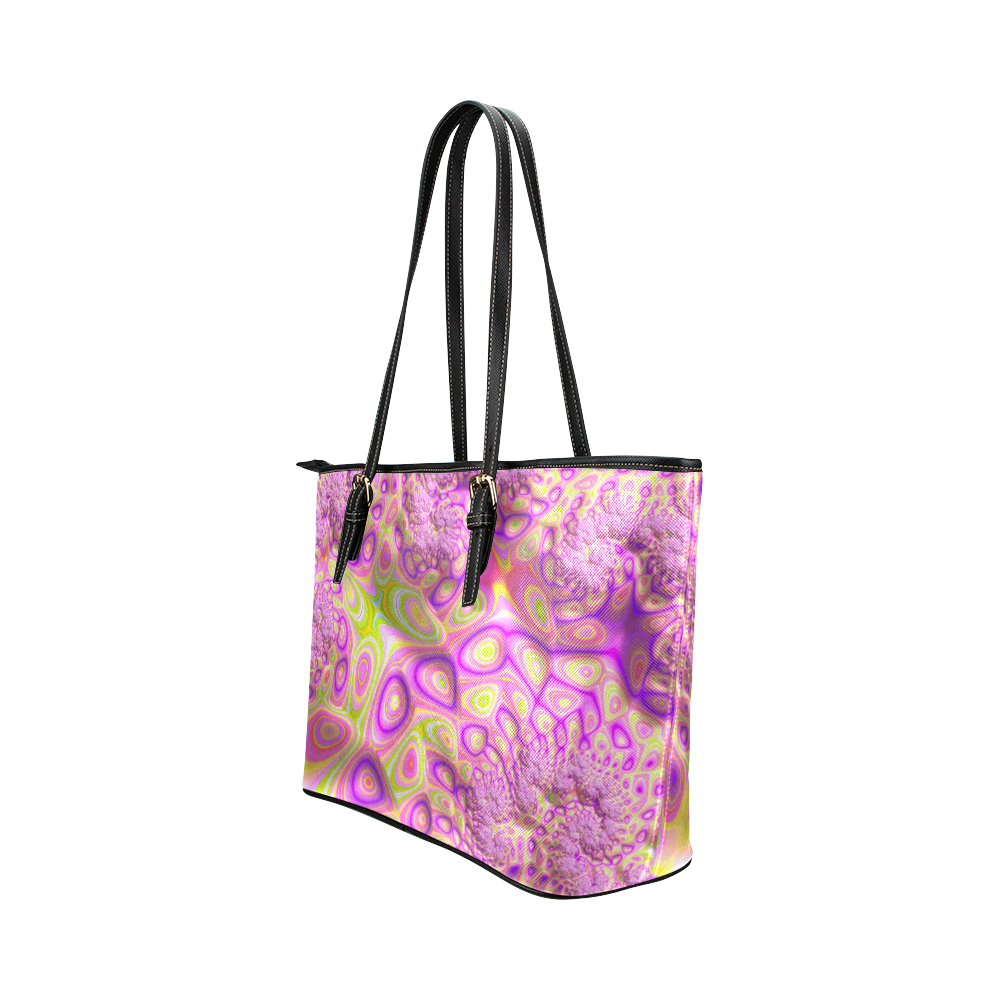 Pink Pink Green Cute Funny Fractal Art Leather Tote Bag/Small (Model 1651)