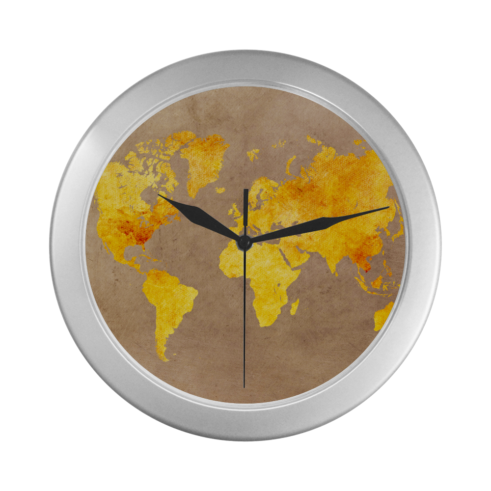 world map 23 Silver Color Wall Clock