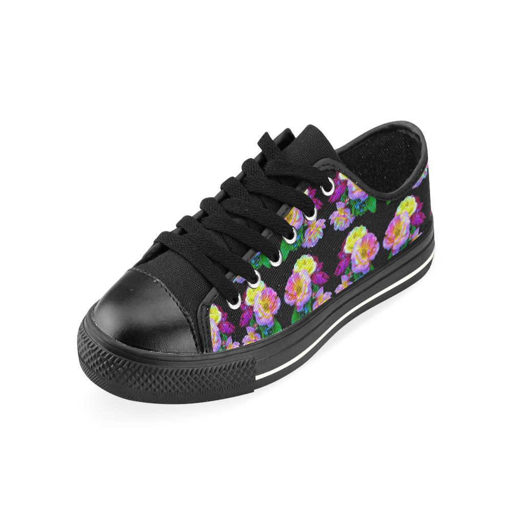 Rosa Yellow Roses on Black Pattern Canvas Women's Shoes/Large Size (Model 018)