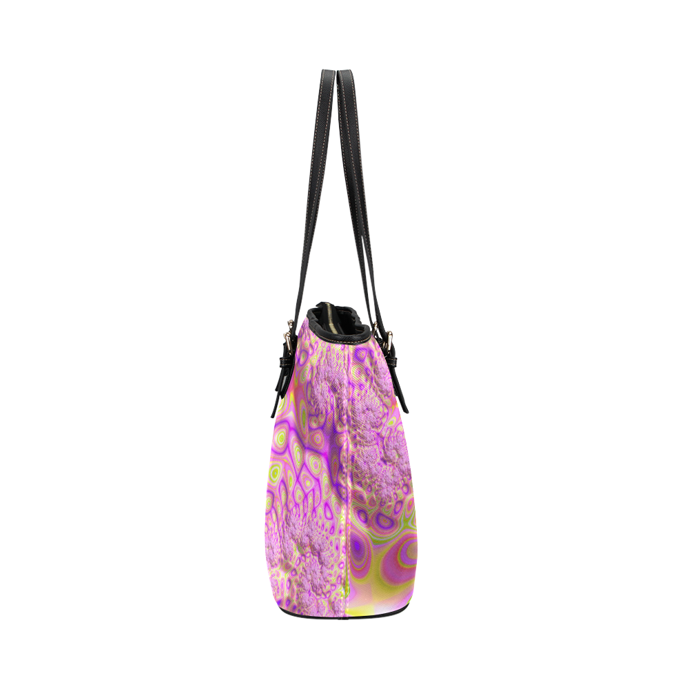 Pink Pink Green Cute Funny Fractal Art Leather Tote Bag/Small (Model 1651)