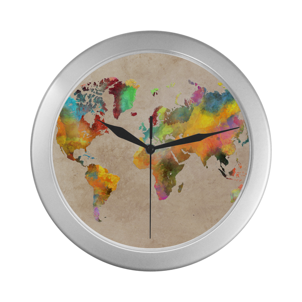 world map 17 Silver Color Wall Clock