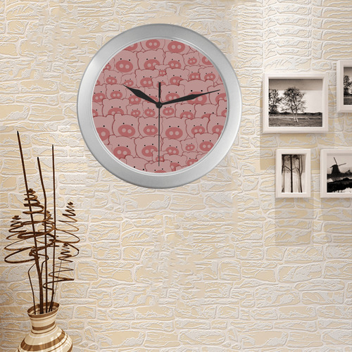 Pink Piggy Pigs Silver Color Wall Clock