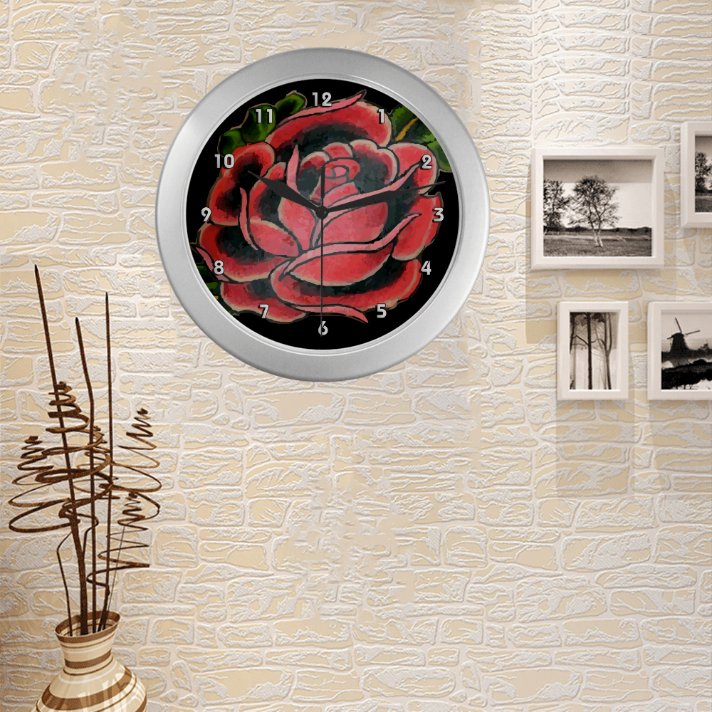 Rose Tattoo Vintage Floral Flower Art Silver Color Wall Clock