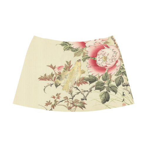 Peony flowers & Birds, japanese woodcut print, Mnemosyne Women's Crepe Skirt (Model D16)